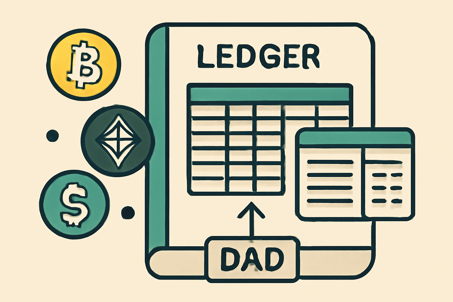 A digital ledger with cryptocurrency symbols and spreadsheets, showing financial data being compiled for a DAO.