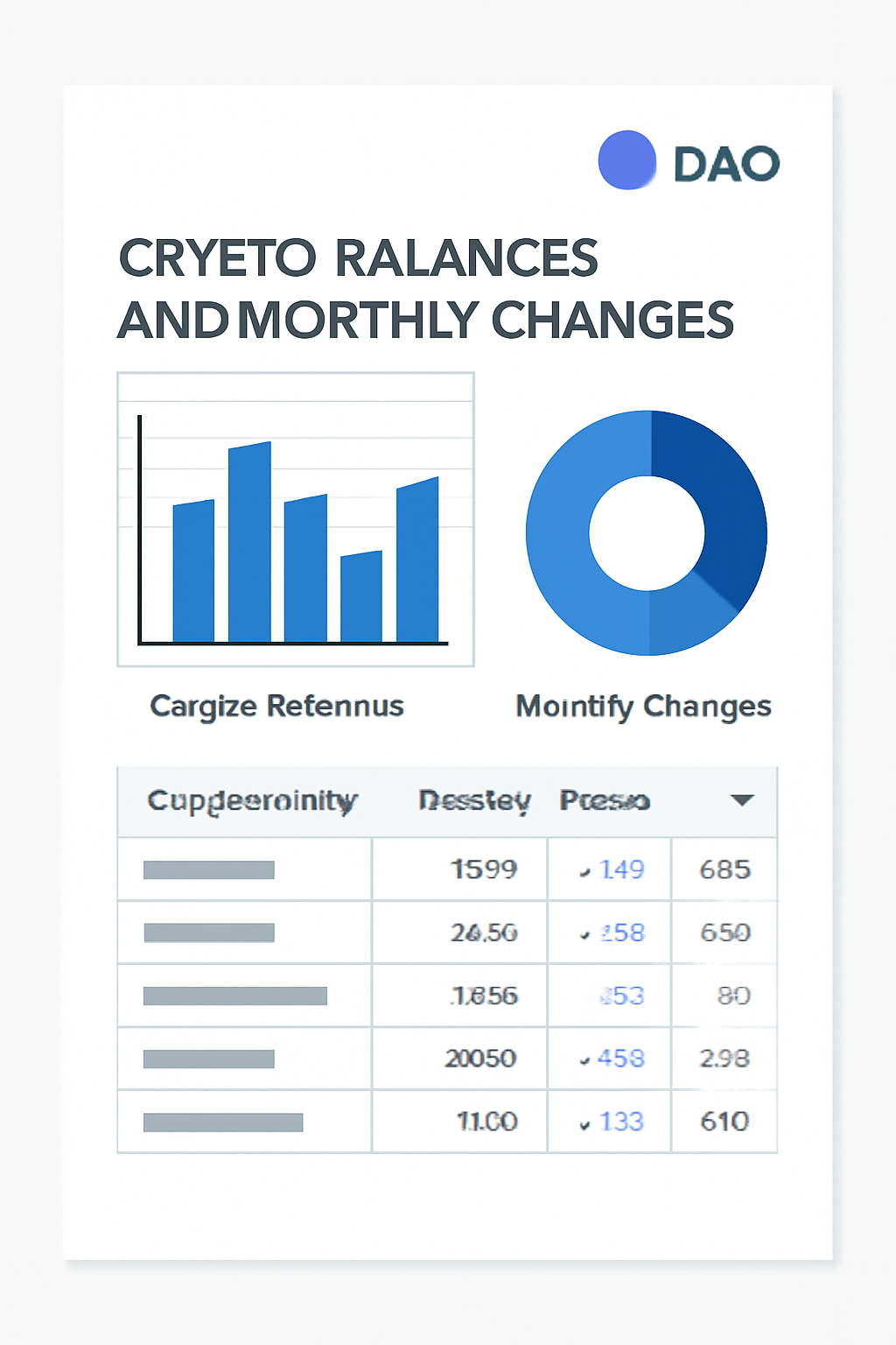 A professional report with charts and tables, displaying crypto balances and monthly changes, with DAO branding.