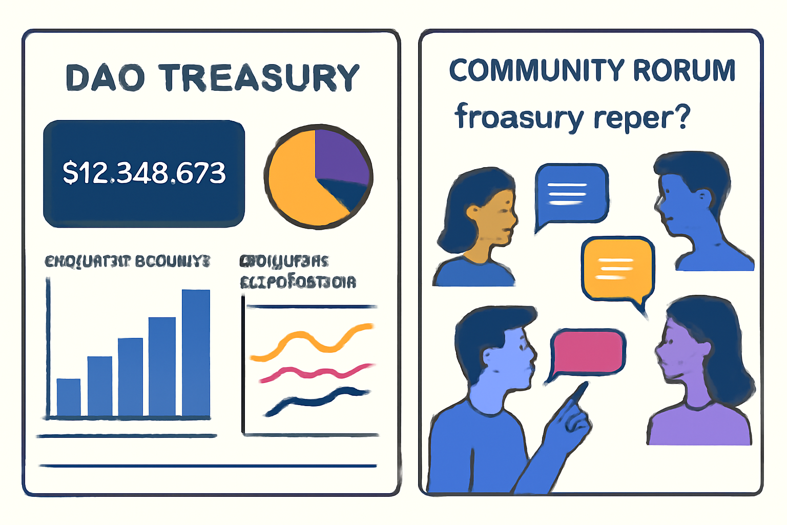 A dashboard displaying DAO treasury metrics with charts and a community forum discussing the report.
