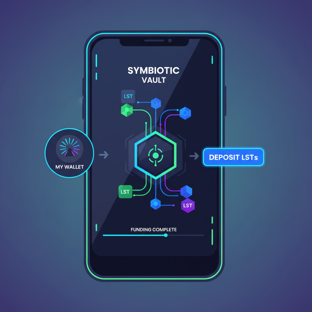sleek DeFi wallet funding LSTs into Symbiotic vault, glowing ERC-20 tokens flowing, futuristic crypto interface, neon blues and greens