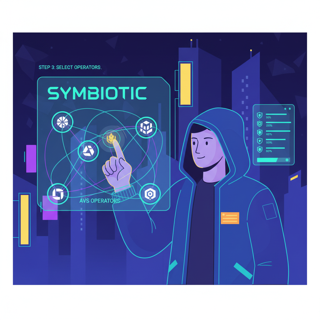 DeFi developer selecting AVS operators on Symbiotic dashboard, holographic node networks, security badges glowing, cyberpunk style