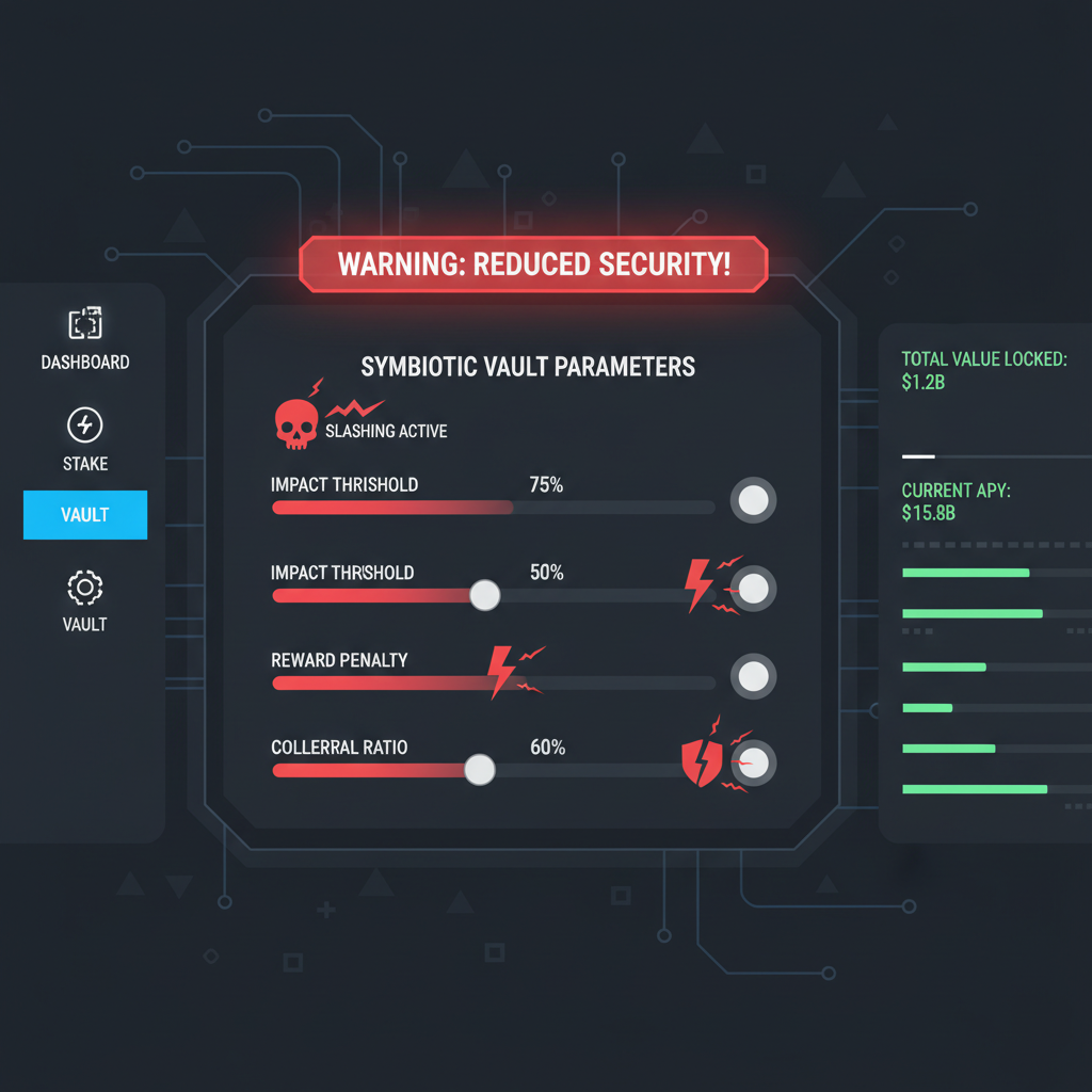 setting slashing parameters in Symbiotic vault UI, red warning sliders, slashing icons activating, dark mode DeFi terminal