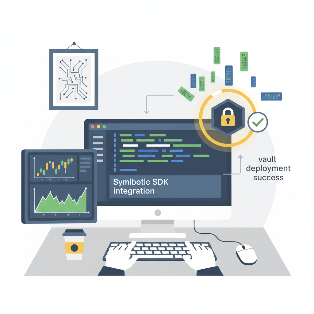 coding Symbiotic SDK integration, code snippets flying, vault deployment success animation, developer workstation with crypto charts