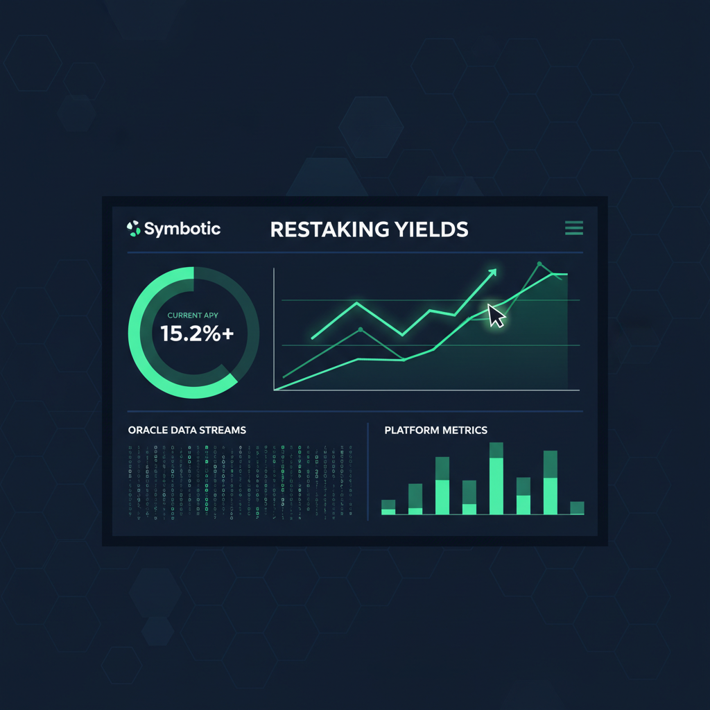 monitoring restaking yields on Symbiotic dashboard, rising yield graphs, oracle data streams, vibrant green charts in high-tech UI