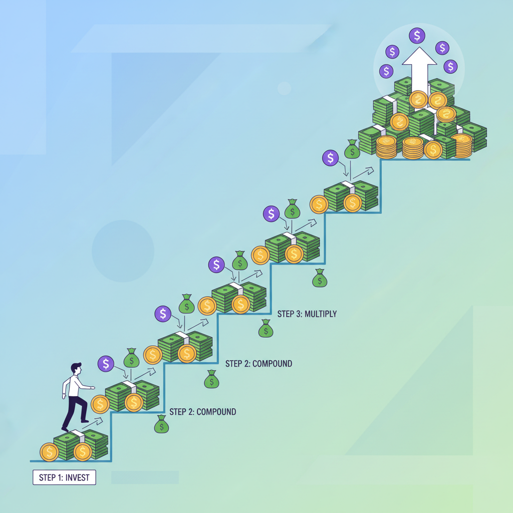 ladder climbing with compounding money stacks and Solana coins multiplying