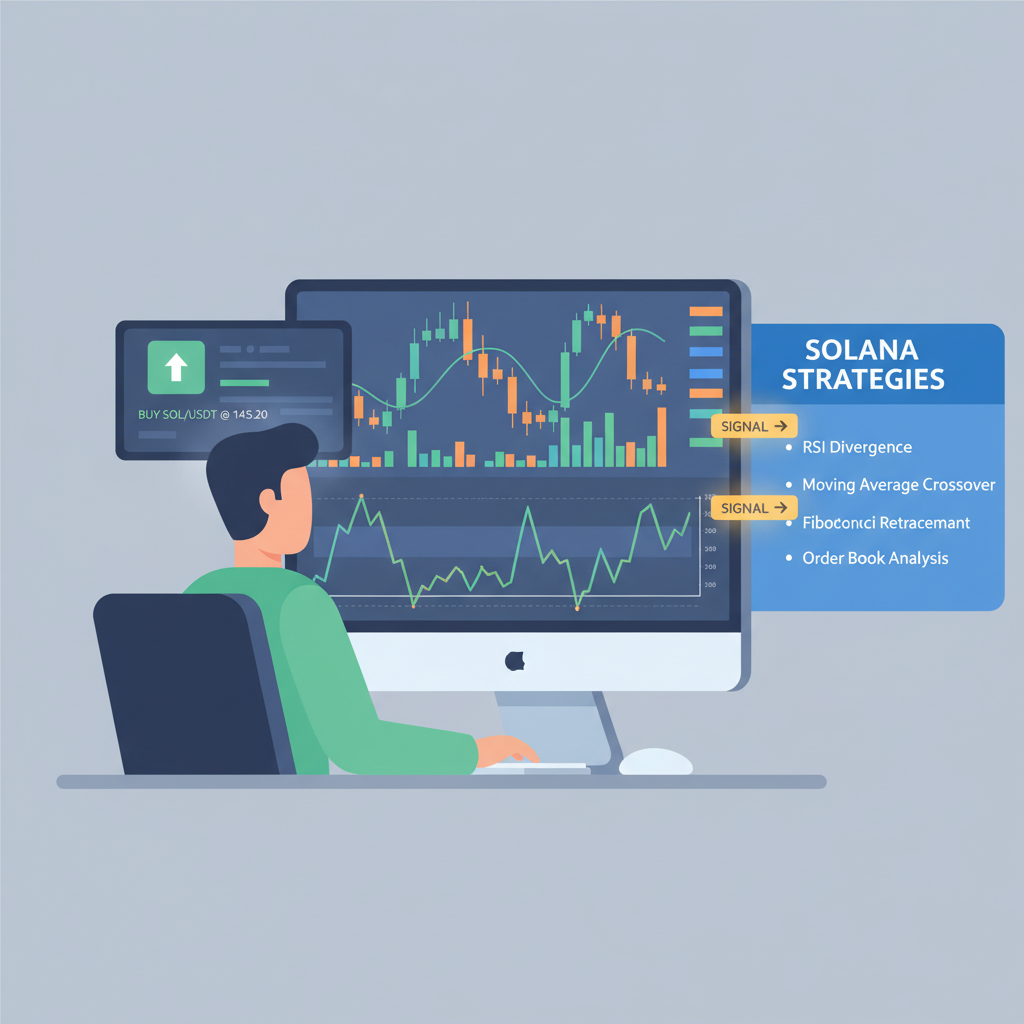 trader scanning charts with Solana strategies list and signal highlights