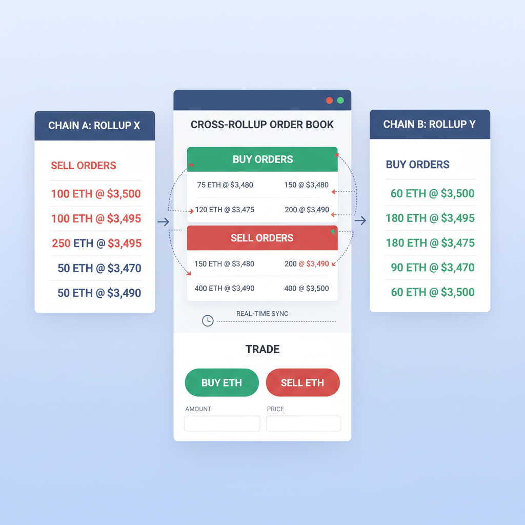 cross-rollup DEX order book interface, buy/sell orders syncing between chains, digital trading dashboard