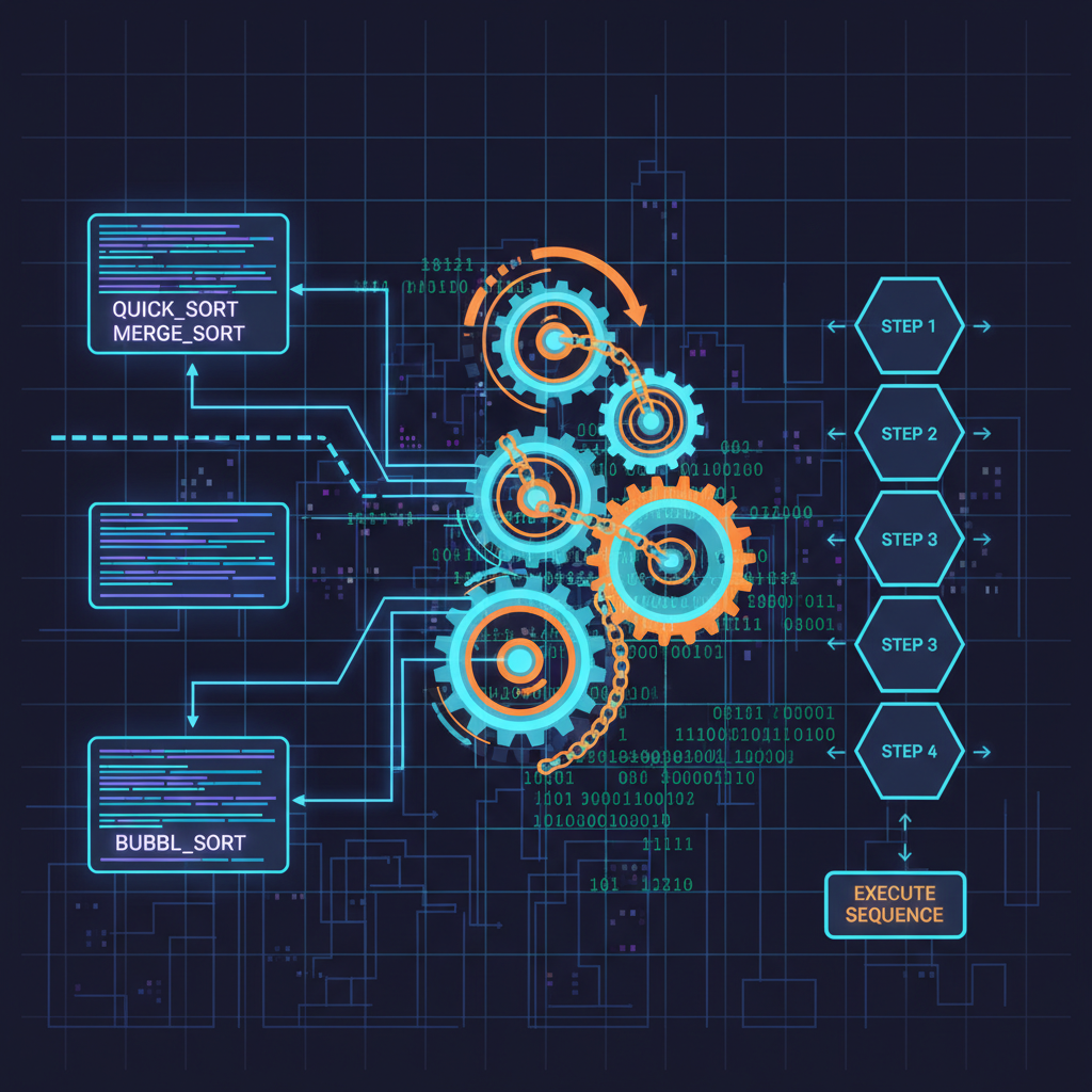 programmable sequencer code with ordering algorithms, gears and chains, cyberpunk code visualization