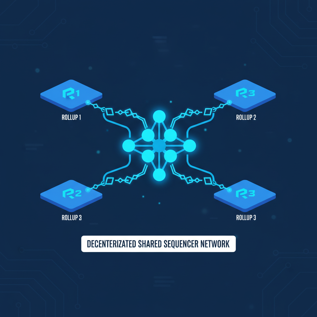 decentralized shared sequencer network connecting multiple rollups, glowing nodes, blockchain links, futuristic blue tones