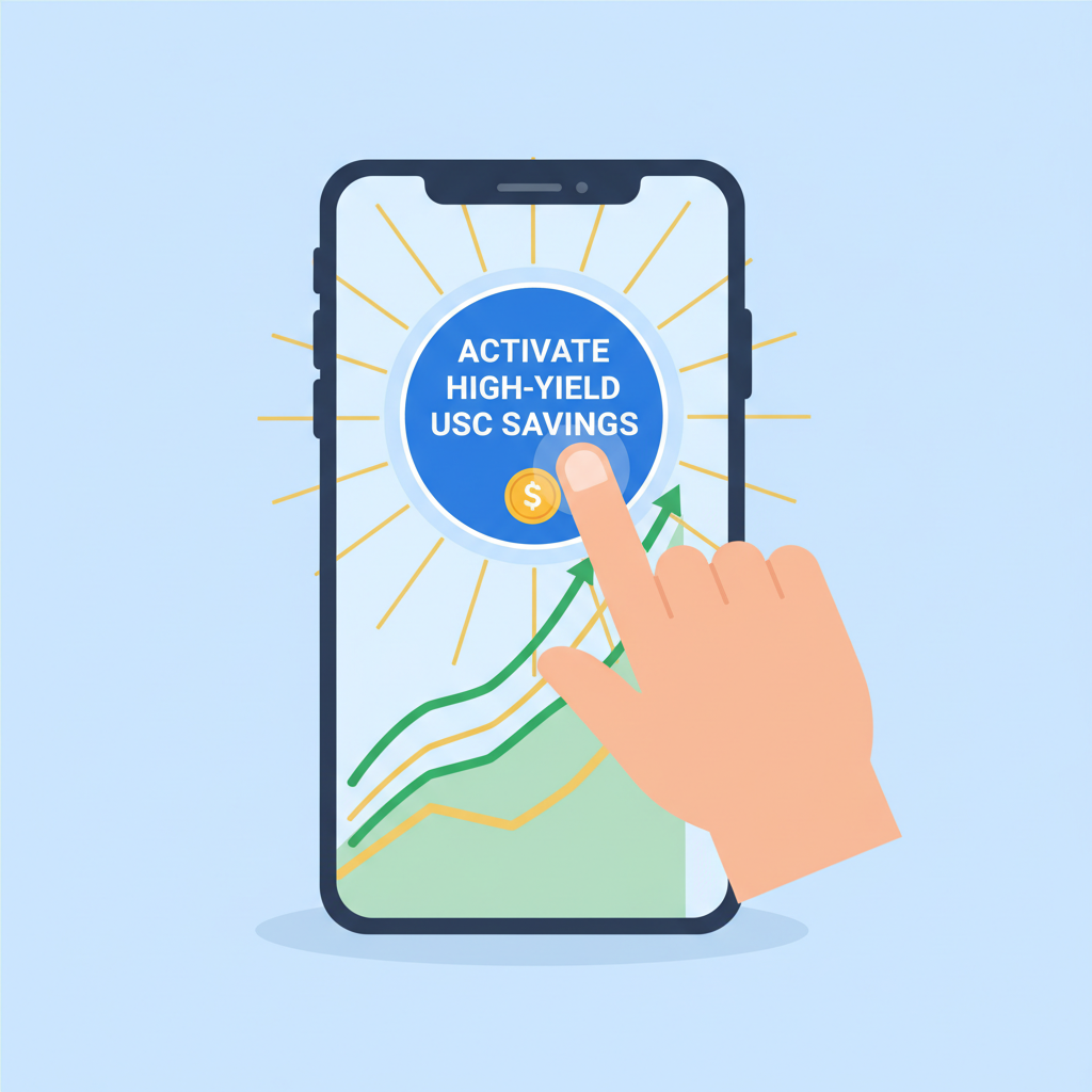 Activating high-yield USDC savings button on app, charts rising, golden yields glowing