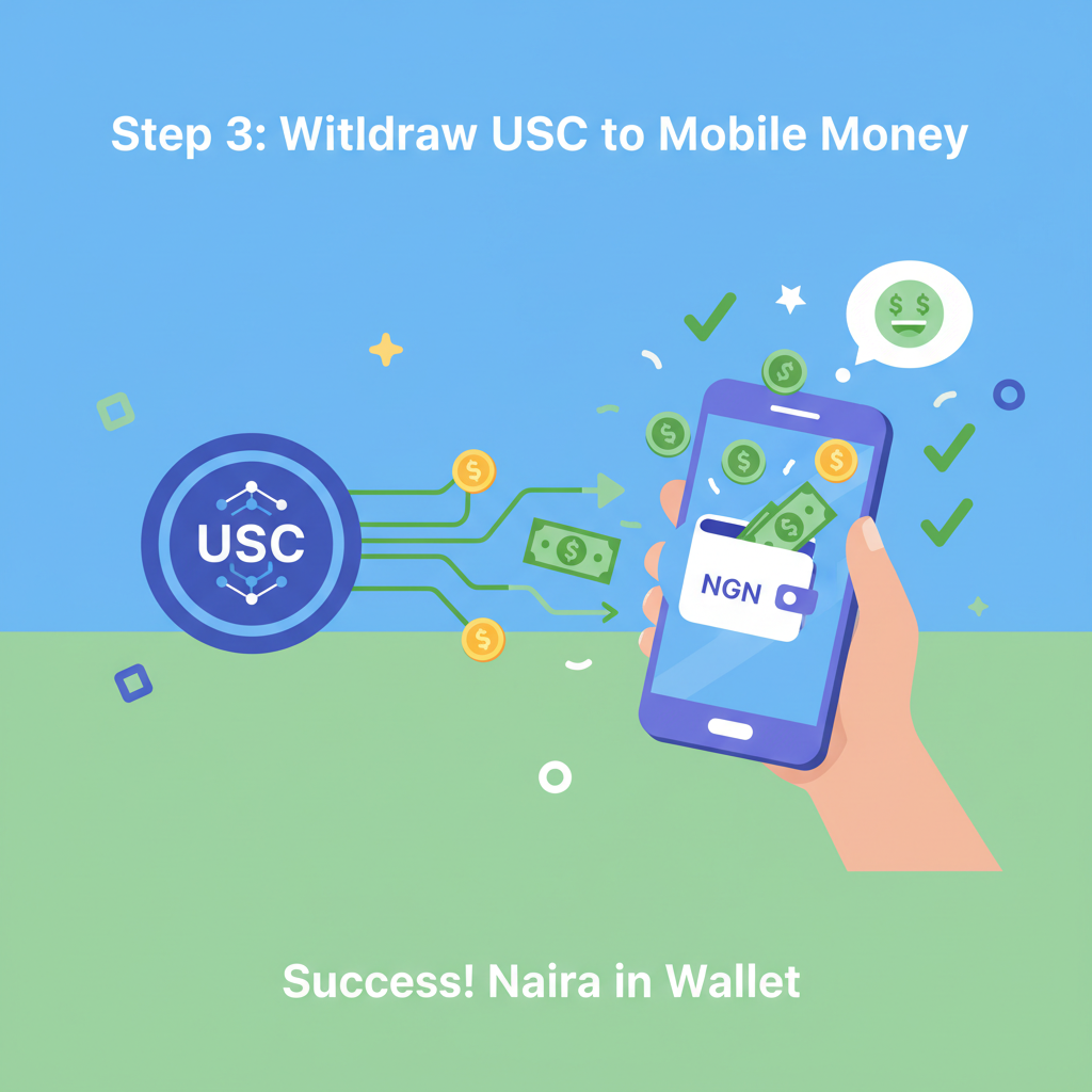 Withdrawing USDC to naira mobile money, money flowing to phone wallet, celebratory vibes