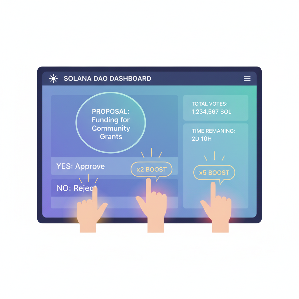 DAO voting interface on Solana, hands raising votes, boost multipliers glowing, professional UI