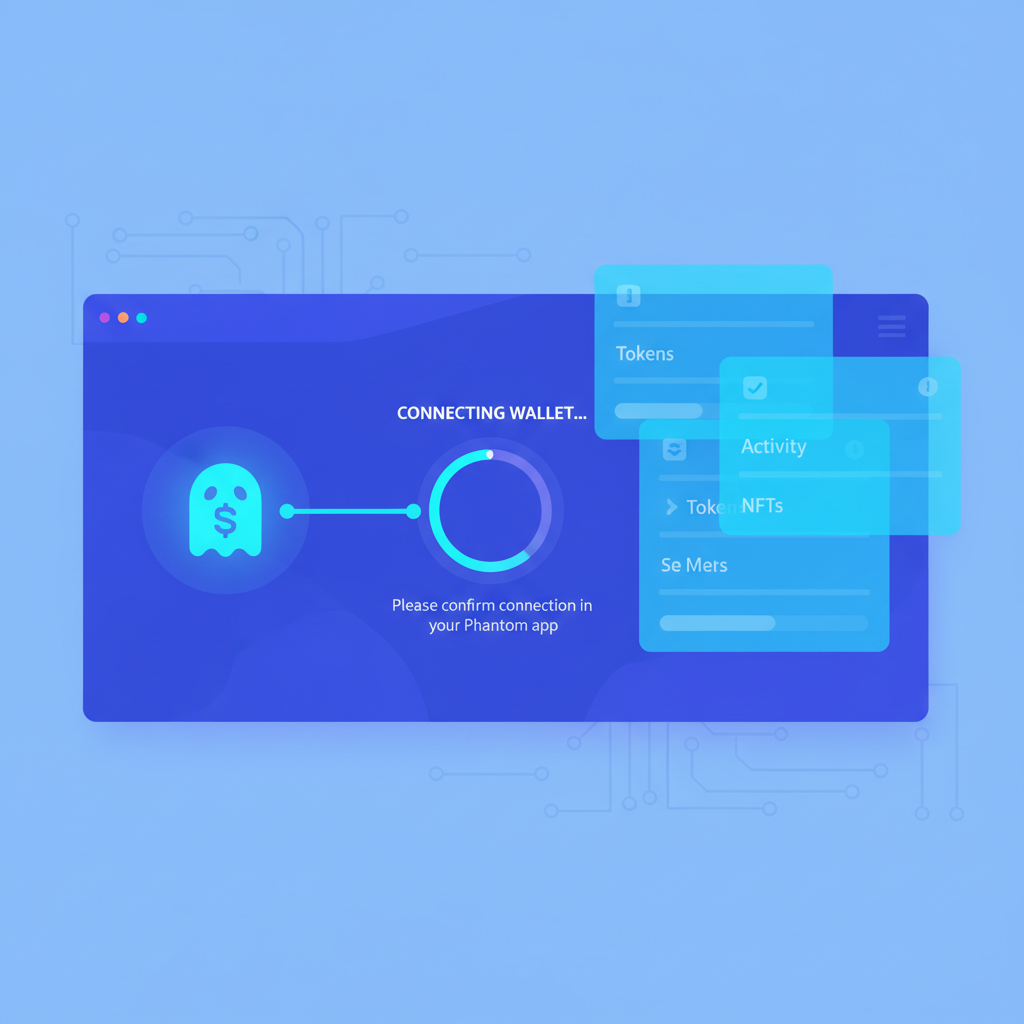 Solana Phantom wallet connecting to dashboard, clean UI, futuristic blue tones, midjourney
