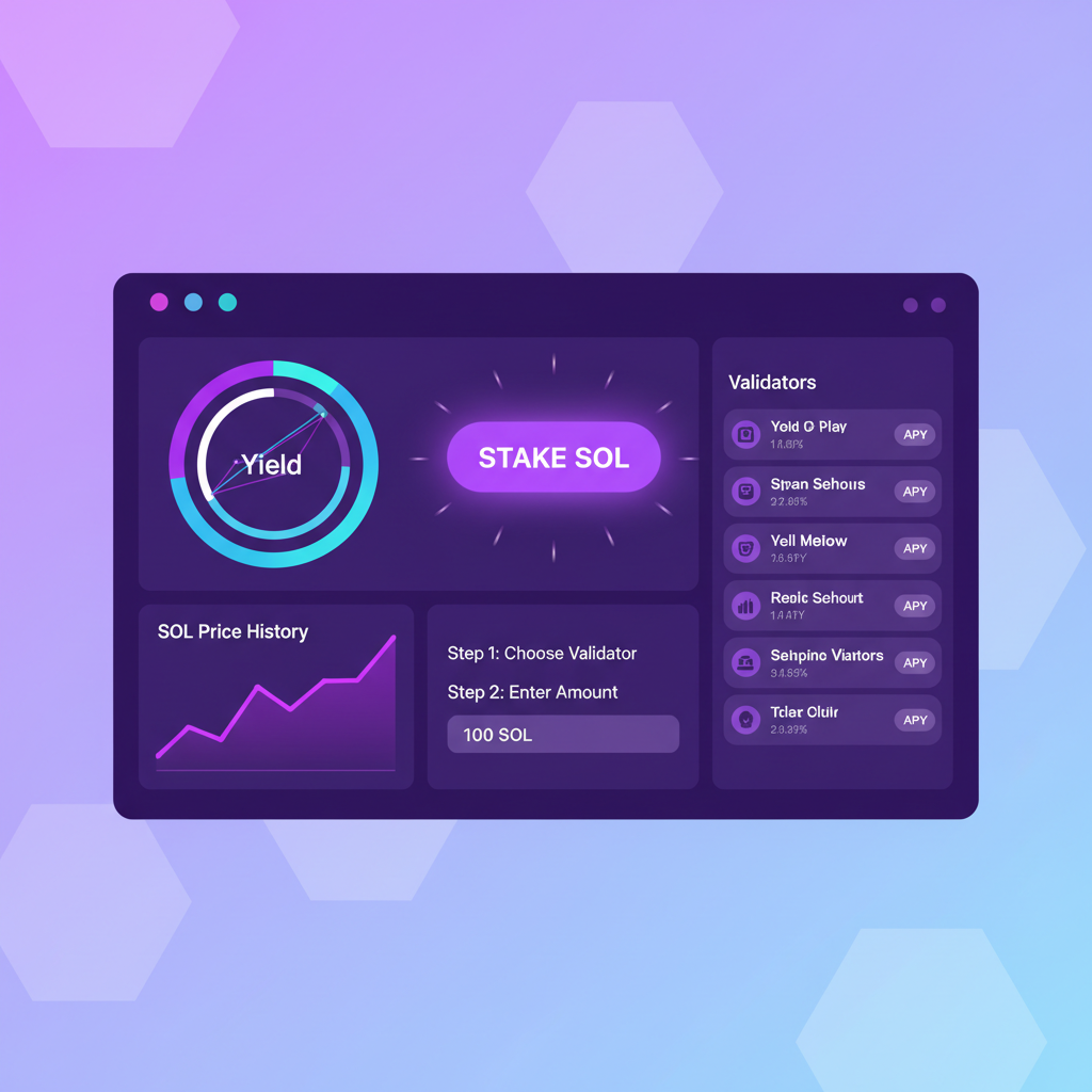 Staking SOL tokens on Solana dashboard, glowing stake button, charts showing yield, vibrant purple