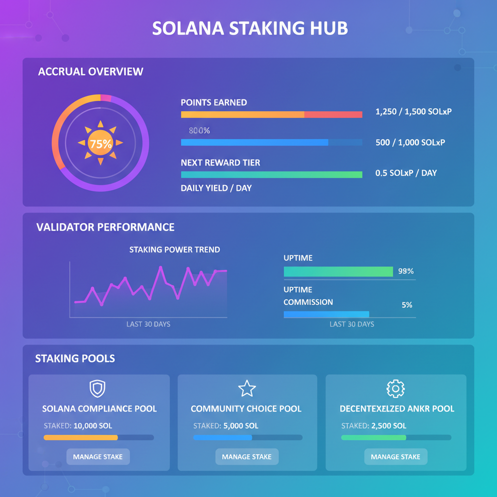 Dashboard tracking staking points accrual, progress bars and graphs, Solana ecosystem theme