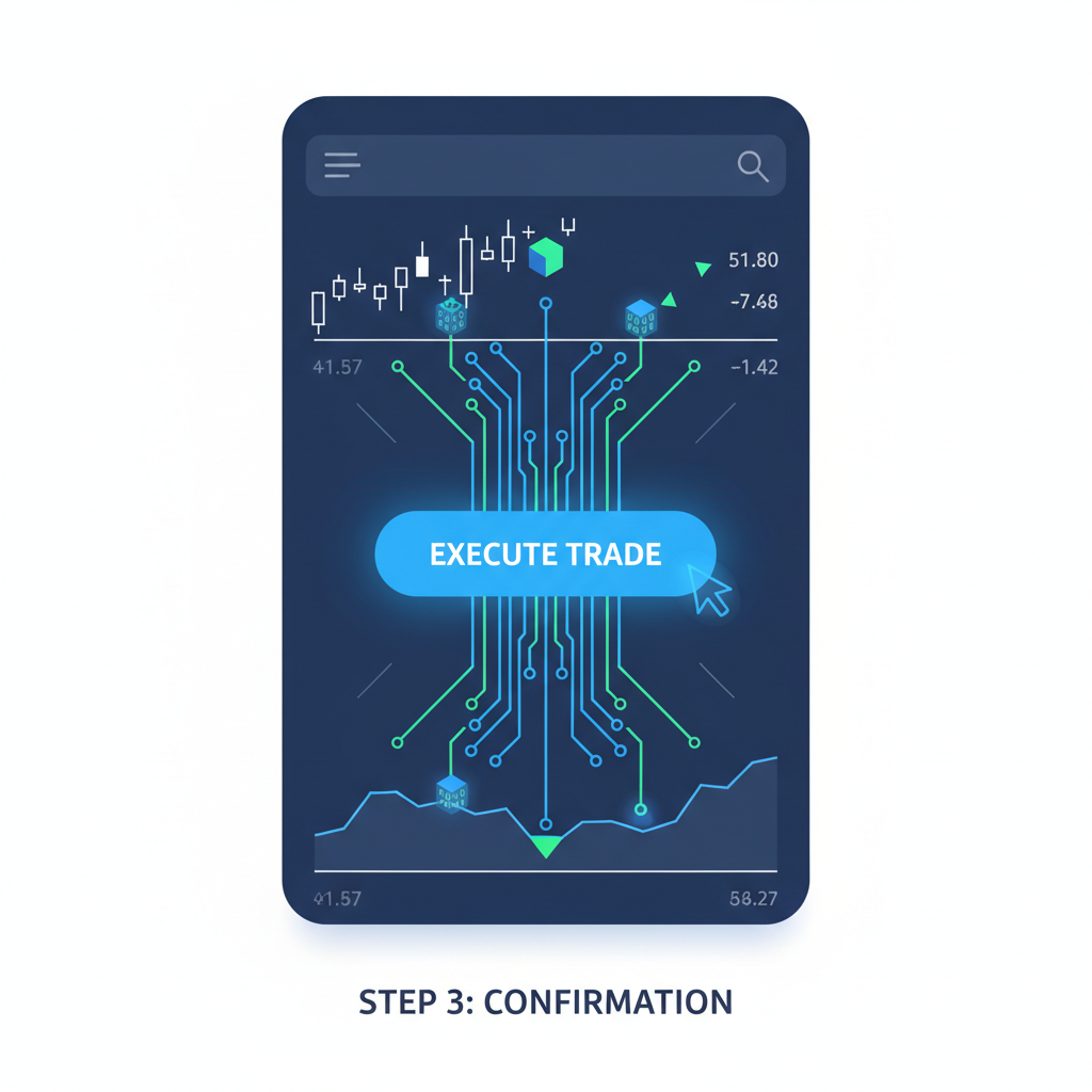 submit button glowing on trading app, transaction animation launching, cyber effects