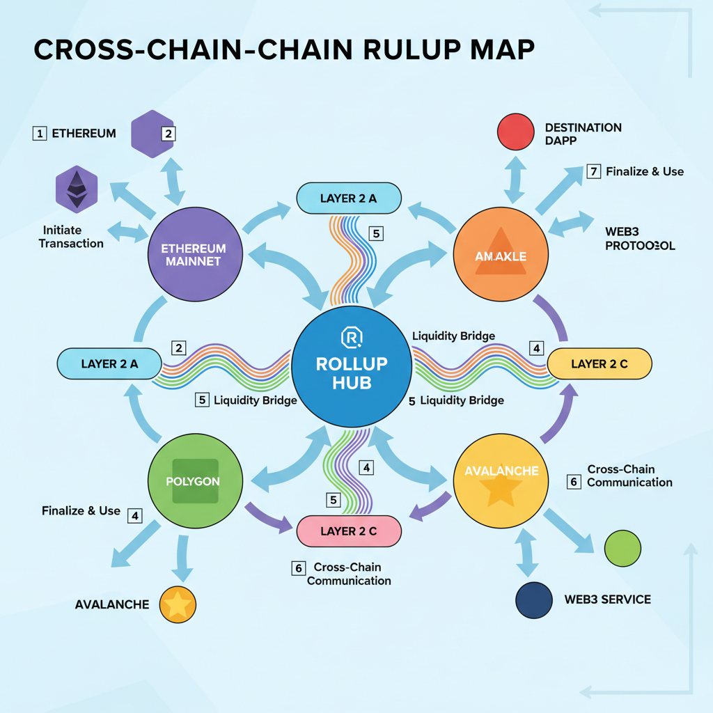 cross-chain rollup map with arrows connecting networks, colorful liquidity flows