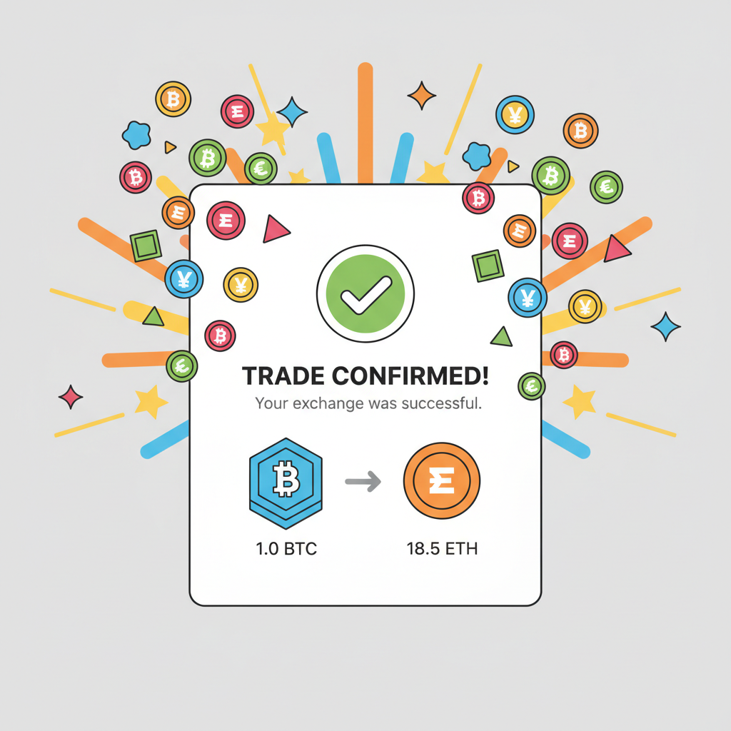 successful trade confirmation screen, tokens raining down, victory explosion graphics