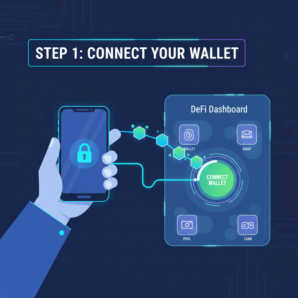 user connecting crypto wallet to DeFi dashboard, glowing neon interface, futuristic blockchain