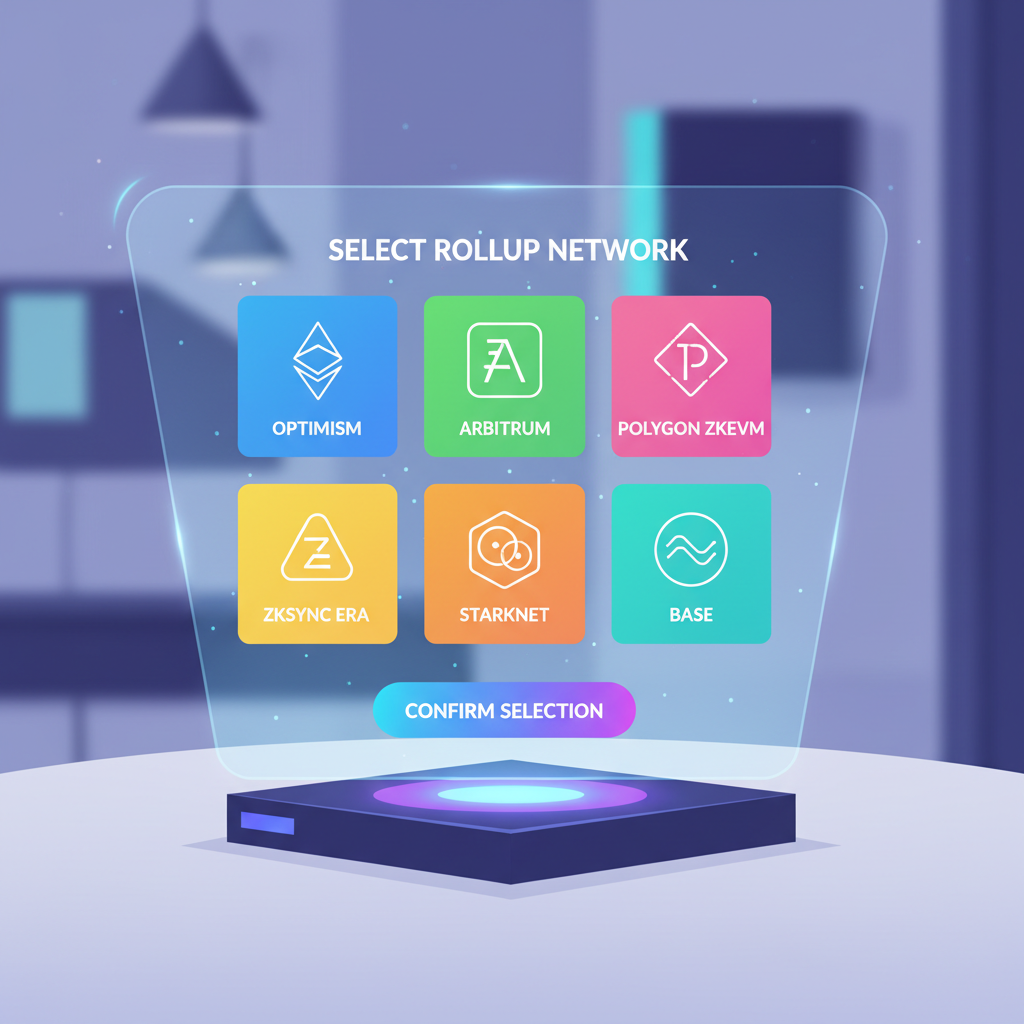 blockchain rollup selection screen with asset icons, vibrant DeFi UI, holographic display