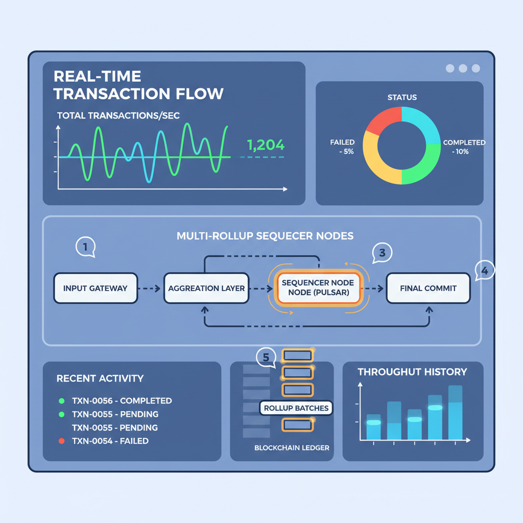 real-time transaction tracker dashboard, graphs pulsing, multi-rollup sequencer nodes