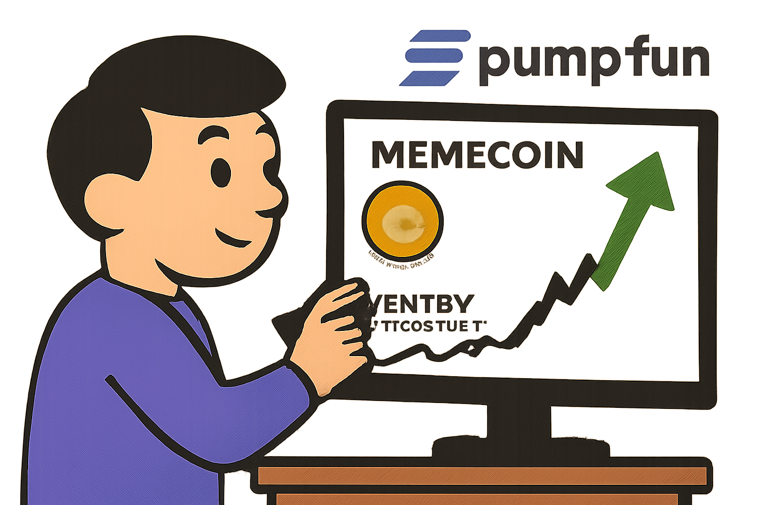 cartoon solana trader marking entry price on memecoin chart, green arrow up, pump.fun logo