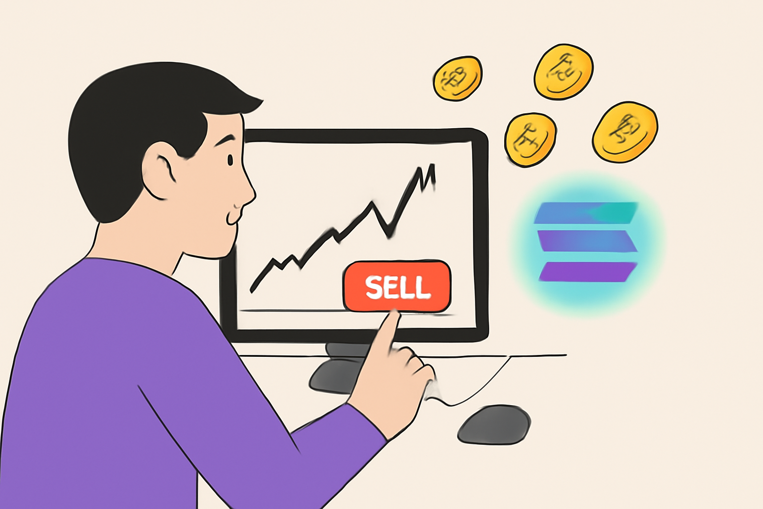 trader clicking sell button on 2x chart spike, coins flying out, solana network glow