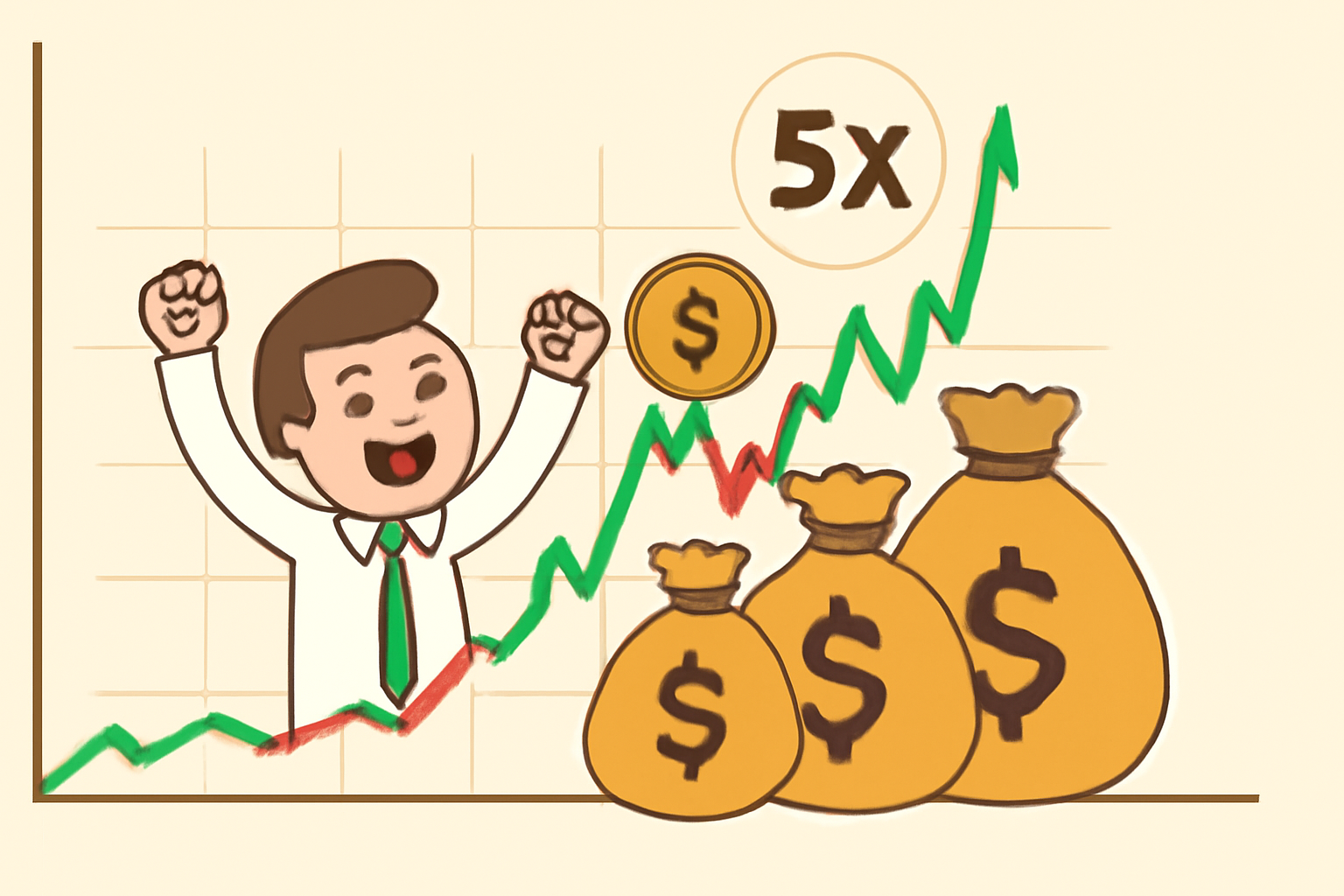 excited trader harvesting profits at 5x peak on volatile memecoin graph, money bags stacking