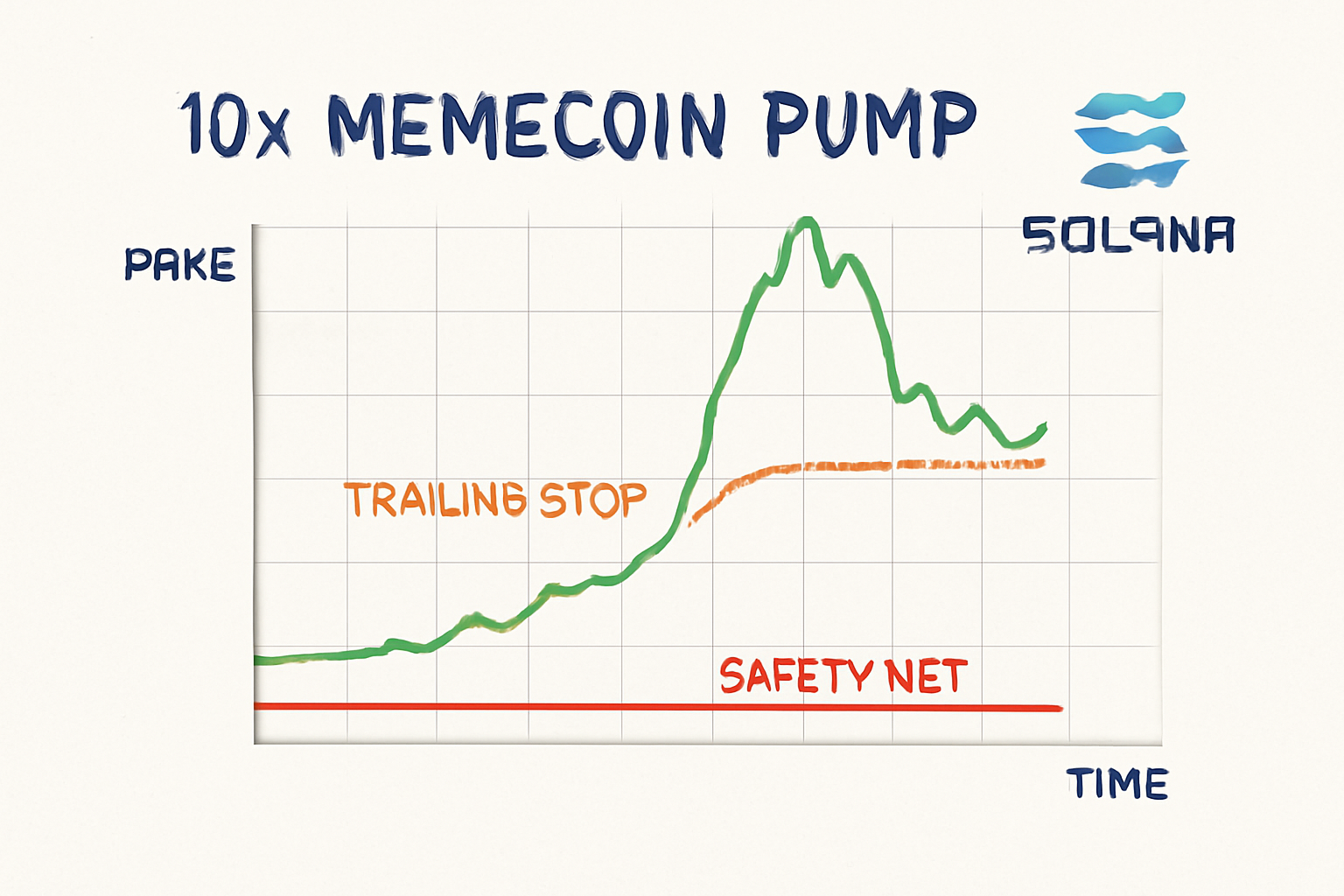 advanced chart with trailing stop line on 10x memecoin pump, safety net below, solana blockchain