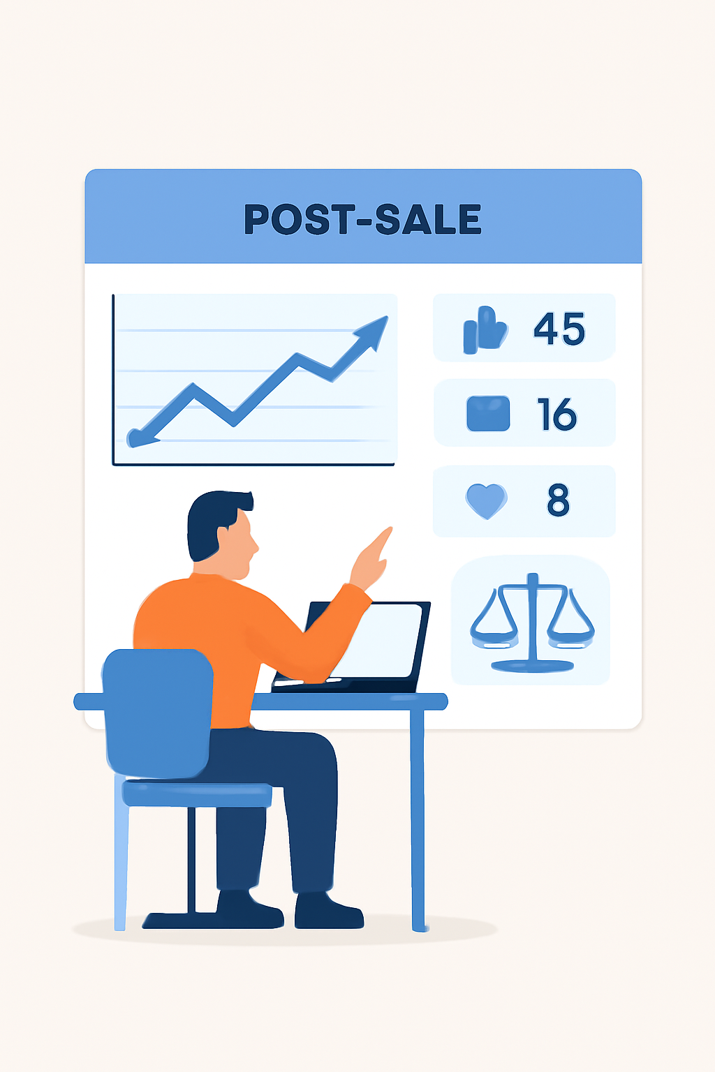 trader analyzing dashboard post-sale, charts and social metrics, balanced portfolio icons