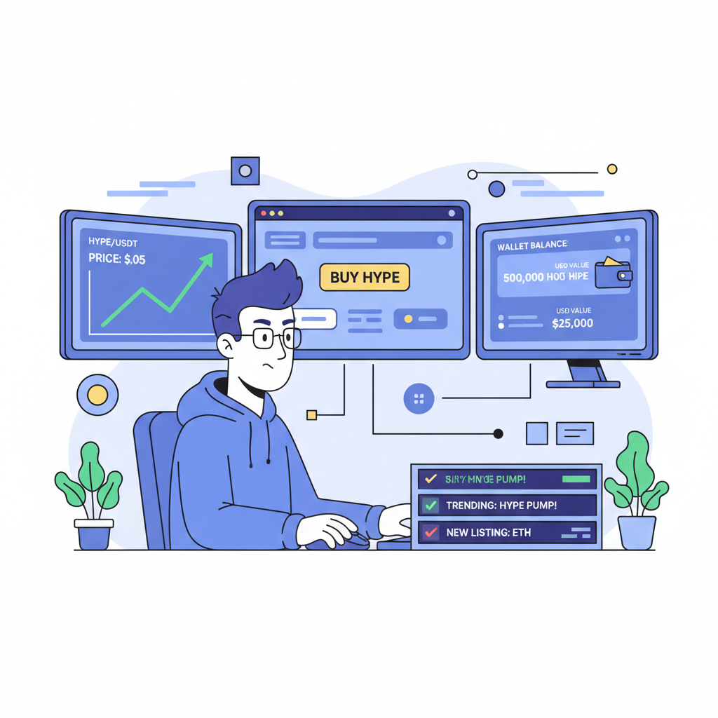 crypto trader buying HYPE tokens on DEX, charts showing HYPE price, wallet balance 500k HYPE, dynamic market screen