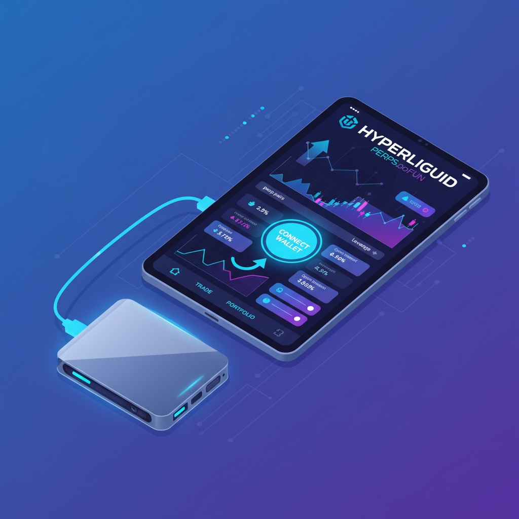 sleek crypto wallet connecting to Hyperliquid Perpsdotfun dashboard, neon blue UI, futuristic DeFi interface