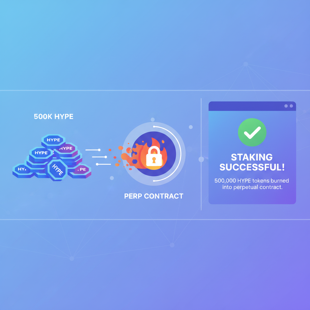 staking HYPE tokens animation, 500k HYPE burning into perp contract, success confirmation screen Hyperliquid