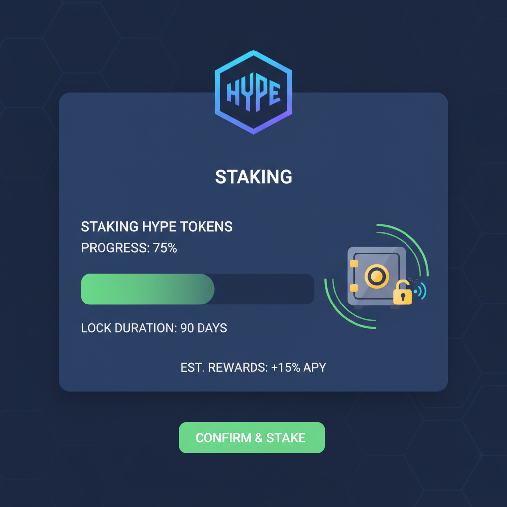 staking HYPE tokens on Hyperliquid HIP-3 dashboard, progress bar filling, secure vault animation
