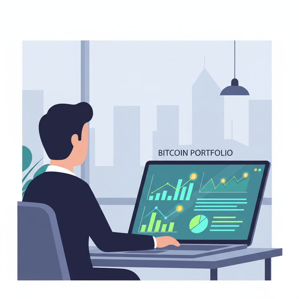 investor reviewing bitcoin portfolio charts on laptop screen, modern office, financial graphs glowing