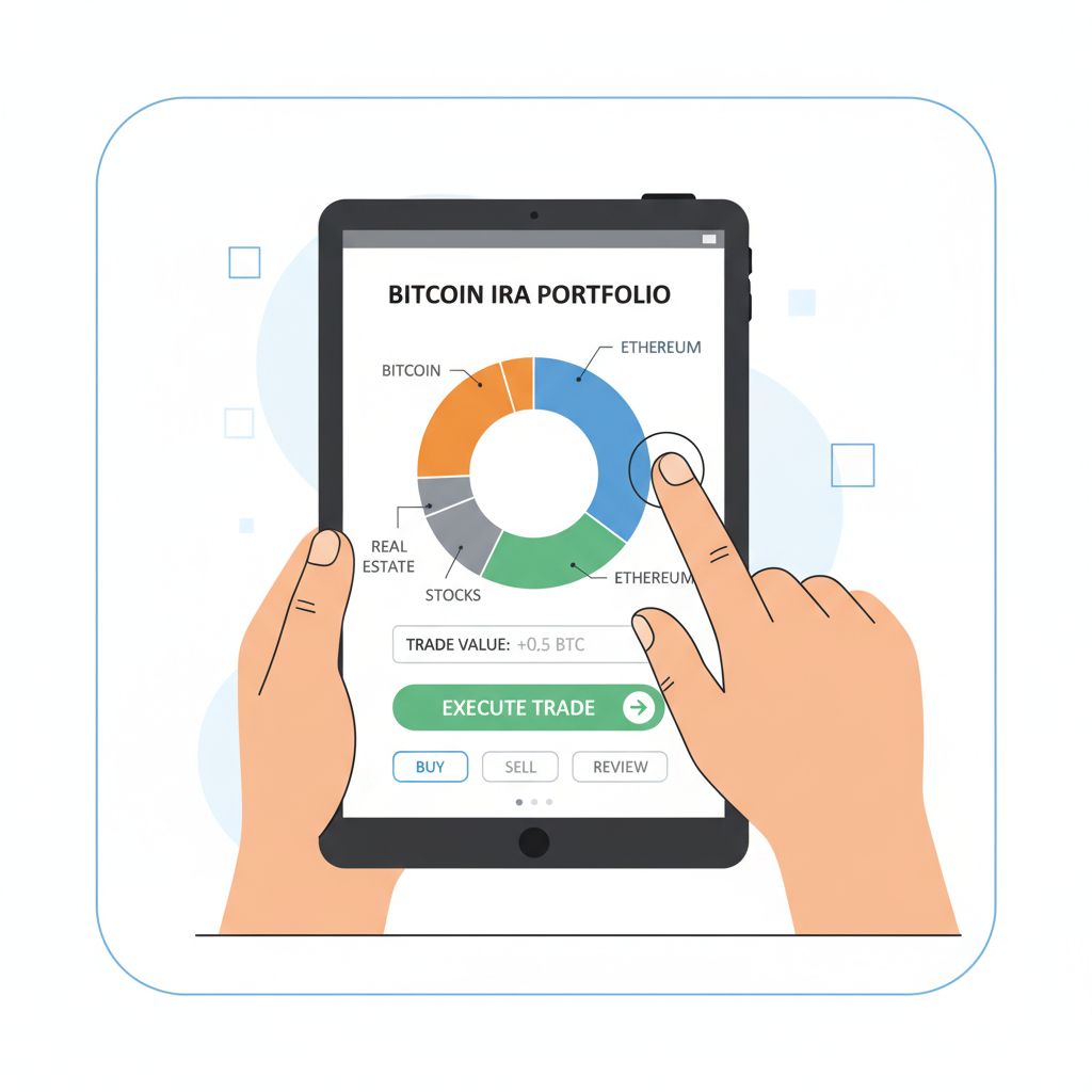 hands adjusting pie chart of bitcoin IRA portfolio on digital tablet, trade execution interface