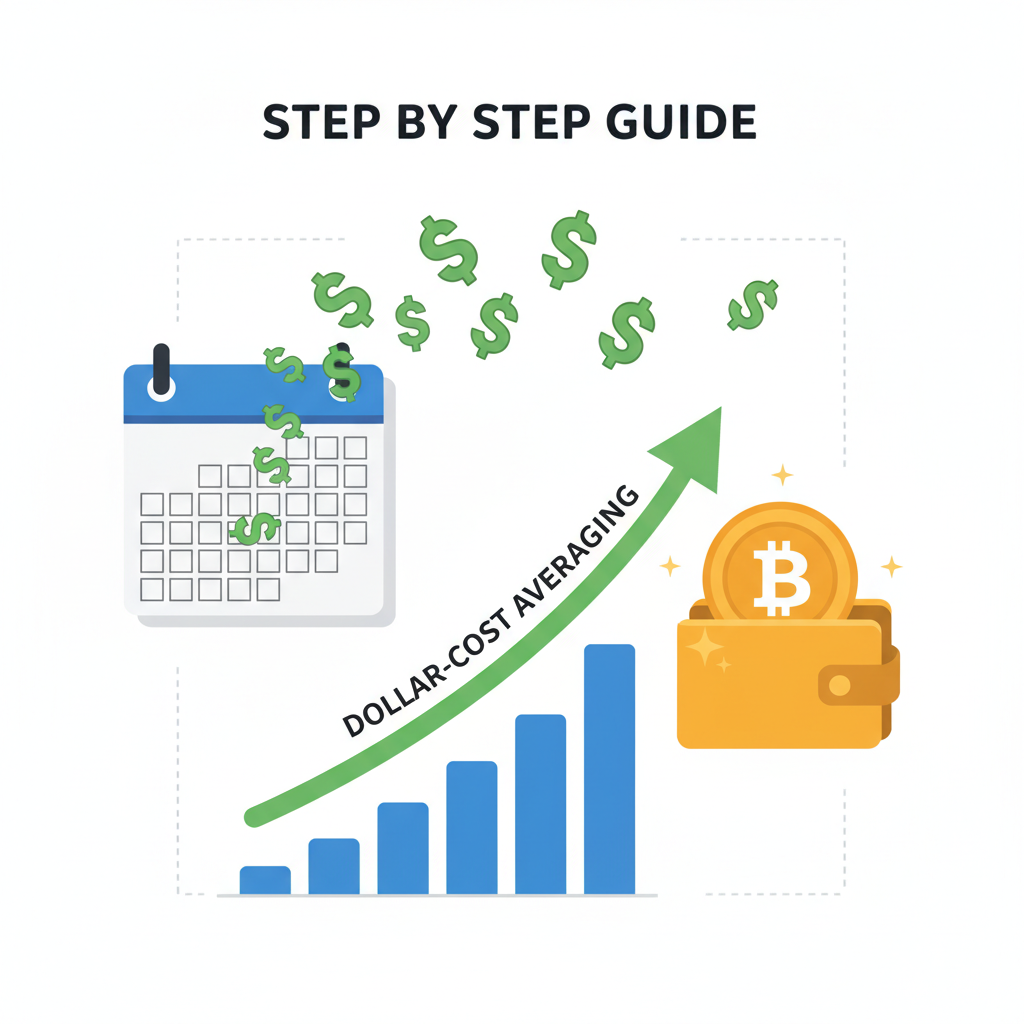 calendar with dollar signs flowing into bitcoin wallet, dollar-cost averaging graph rising steadily