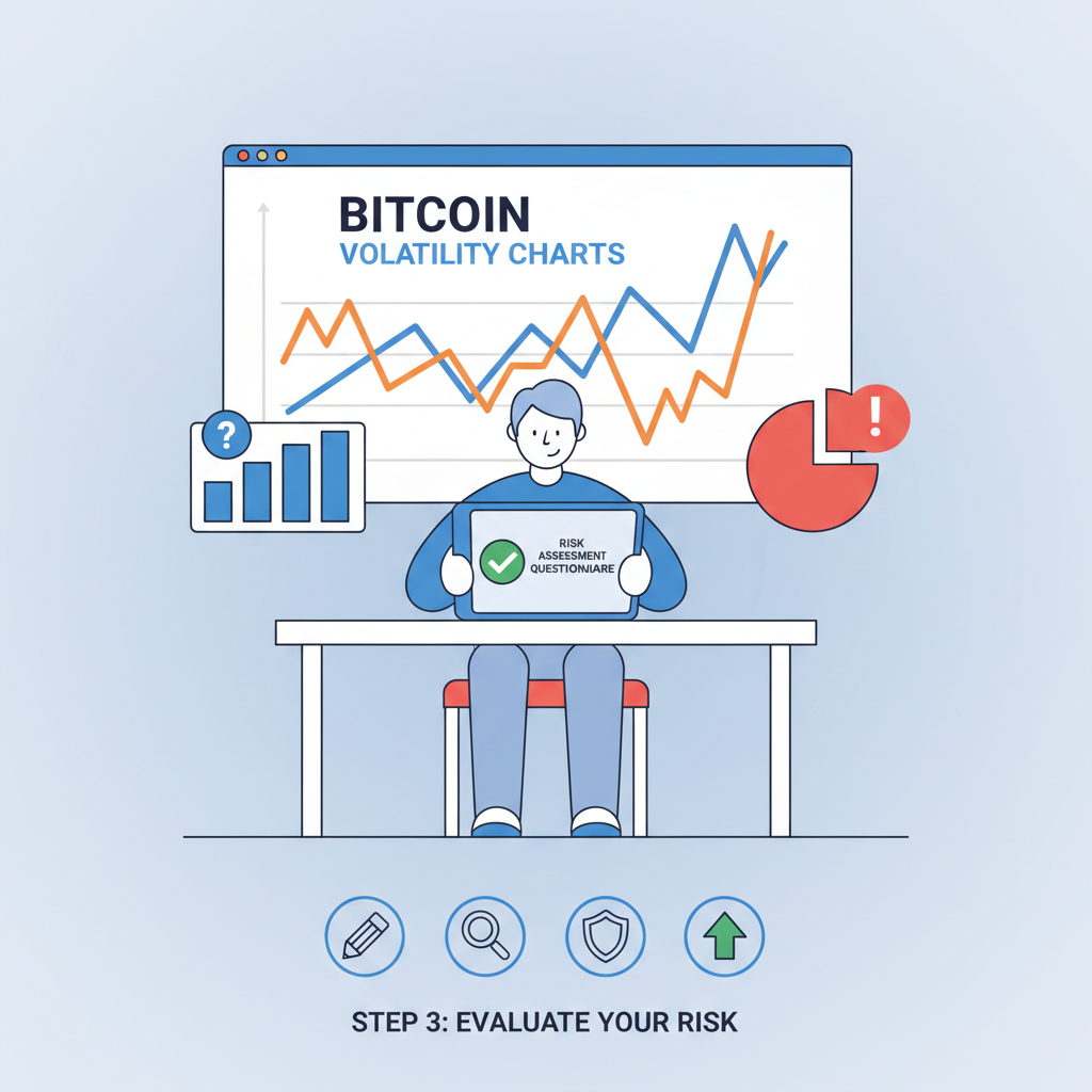 person completing risk assessment questionnaire with bitcoin volatility charts in background