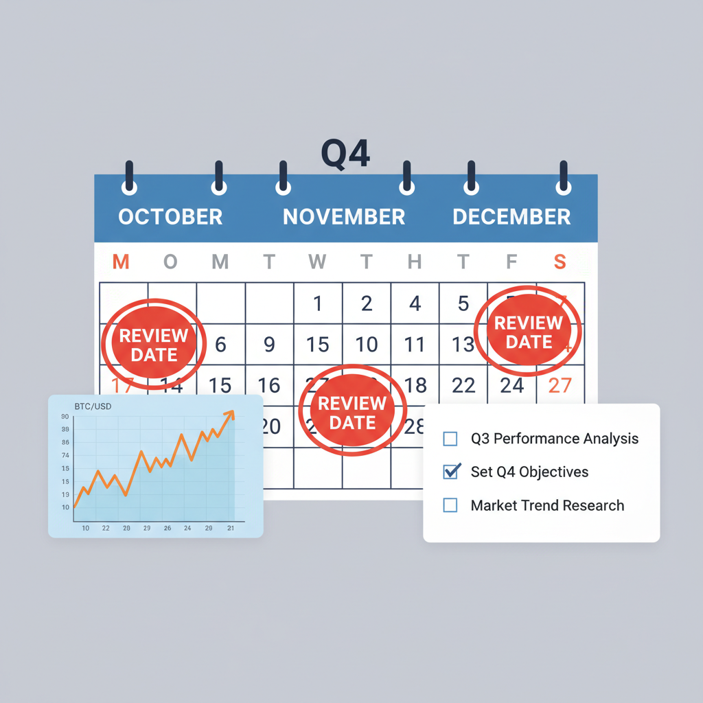 quarterly calendar marked with review dates, bitcoin price chart and checklist overlay