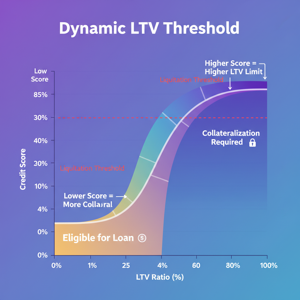 Dynamic LTV threshold chart for DeFi lending, credit score vs ratio graph, Solana purple gradients