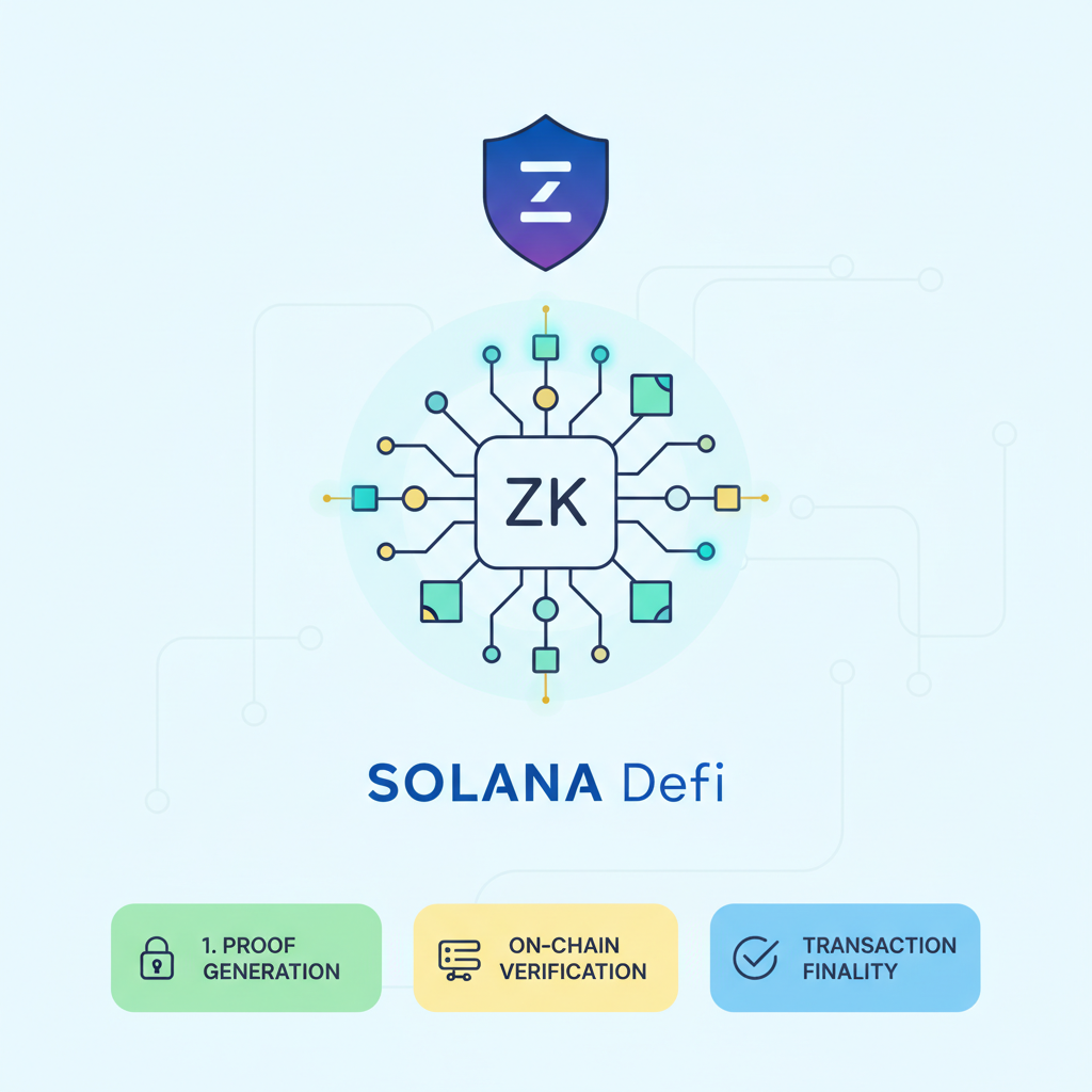 Zero-knowledge proof verification in Solana DeFi, abstract ZK circuit glowing, privacy shield icon