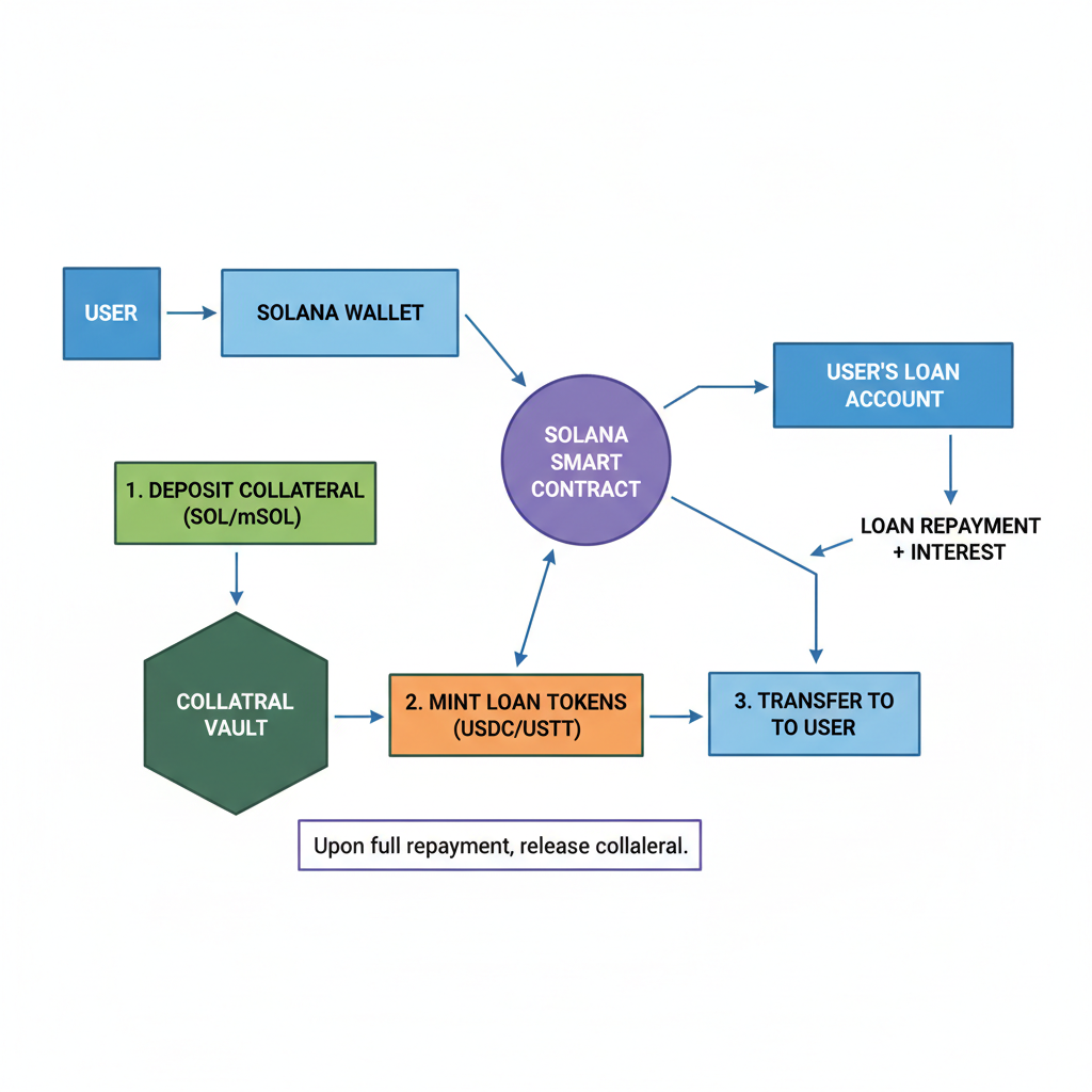 Solana DeFi loan execution, collateral vault and token minting, transaction flow diagram