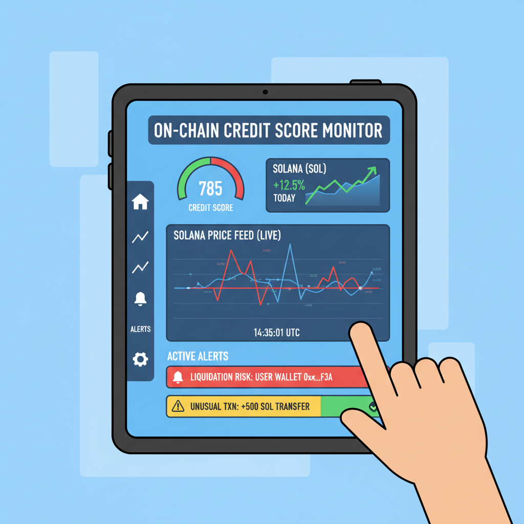 Real-time monitoring dashboard for on-chain credit scores, Solana charts updating live, alert notifications