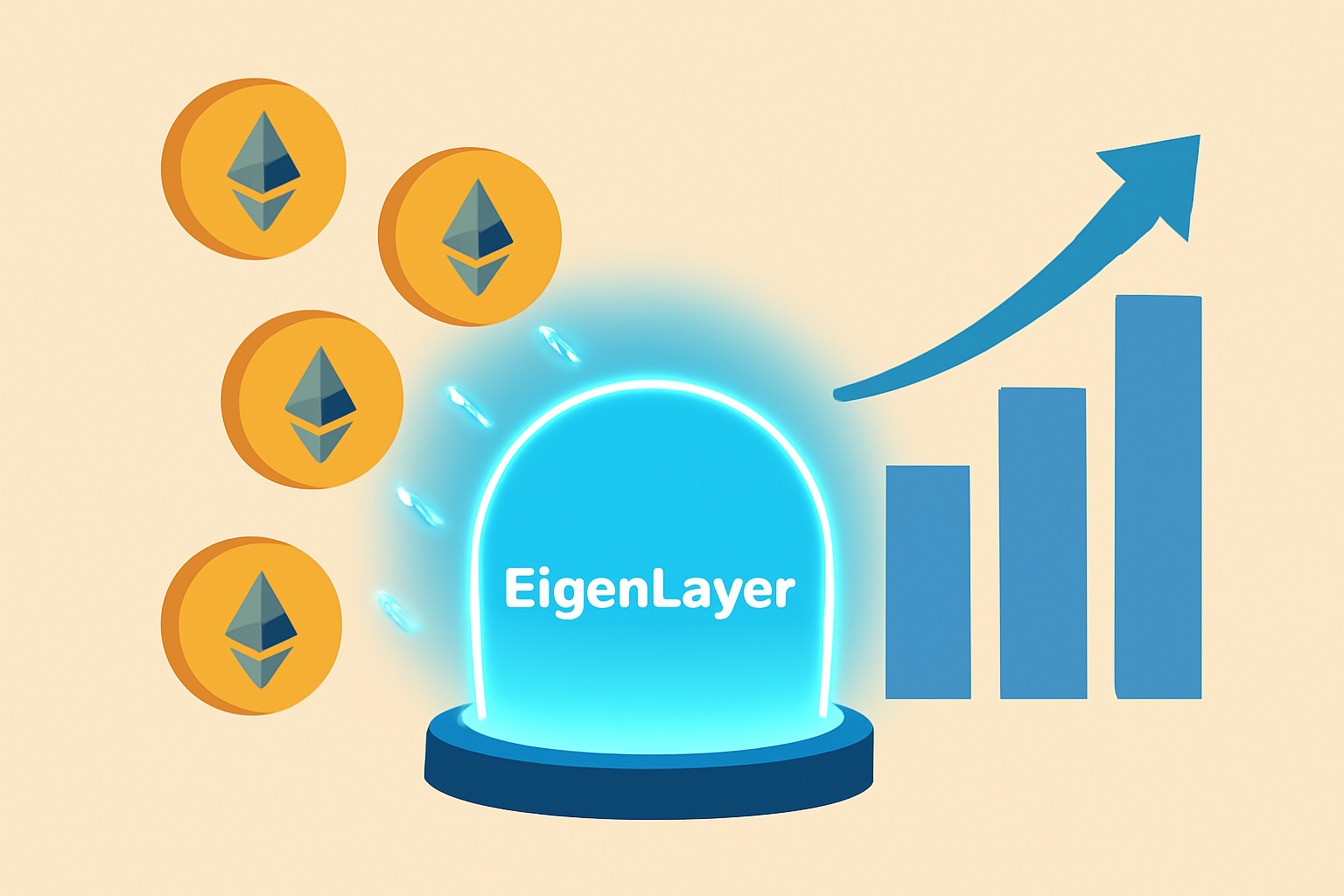 ethereum eth coins flowing into glowing eigenlayer pod, yield charts rising