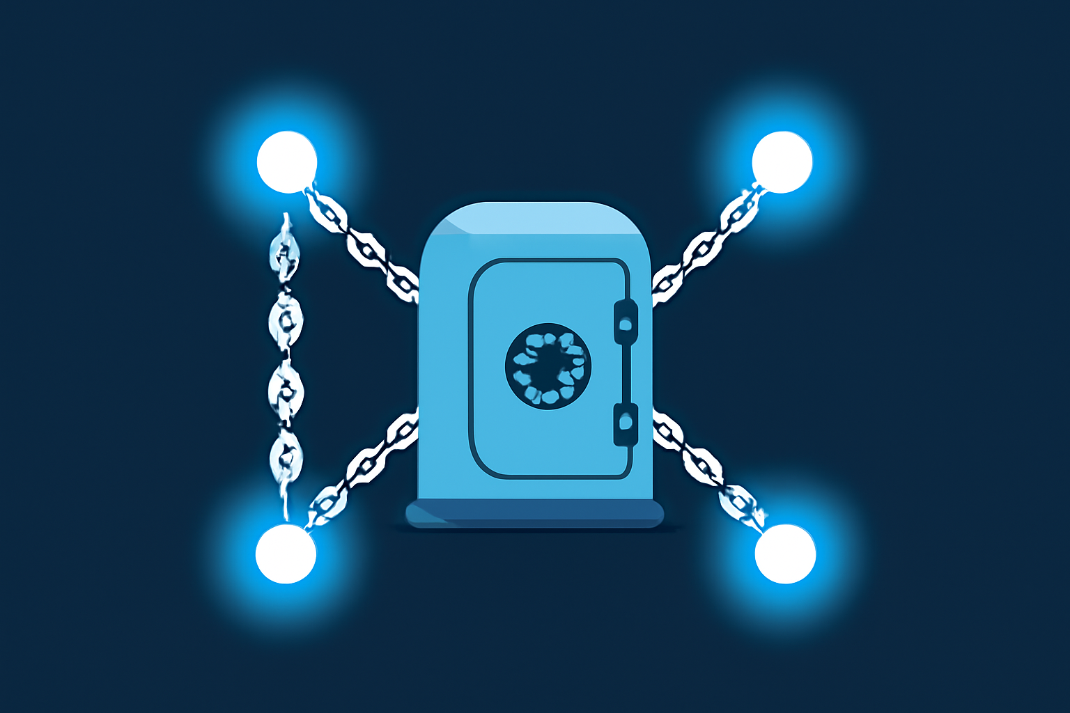 abstract digital pod vault with ethereum chains linking, glowing blue restaking nodes