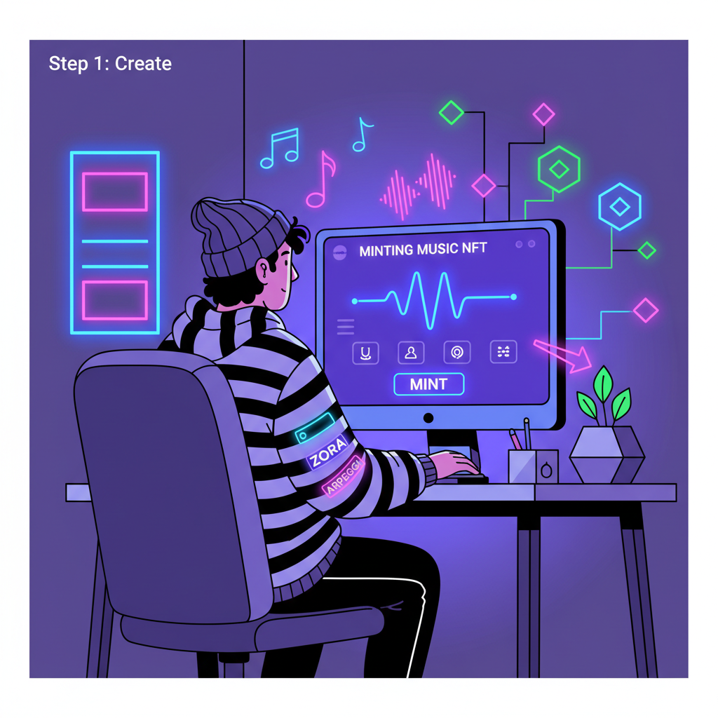 indie artist at desk minting glowing music NFT on Arpeggi/Zora interface, blockchain nodes, neon vibes