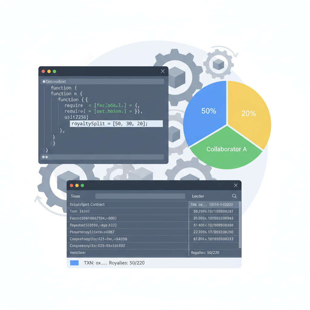smart contract code editor defining royalty splits 50-30-20 pie chart, blockchain gears turning, digital ledger