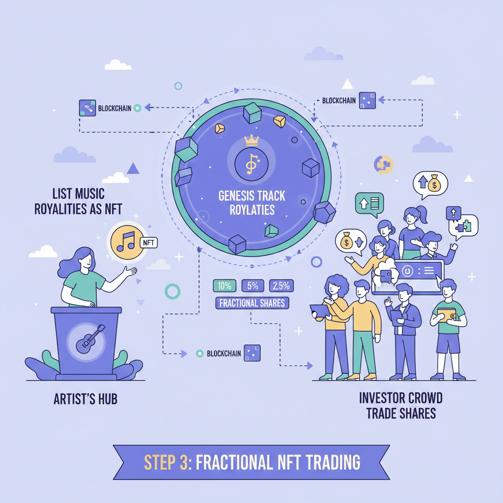 fractional NFT shares trading on blockchain marketplace, indie artist listing music royalties, investor crowd