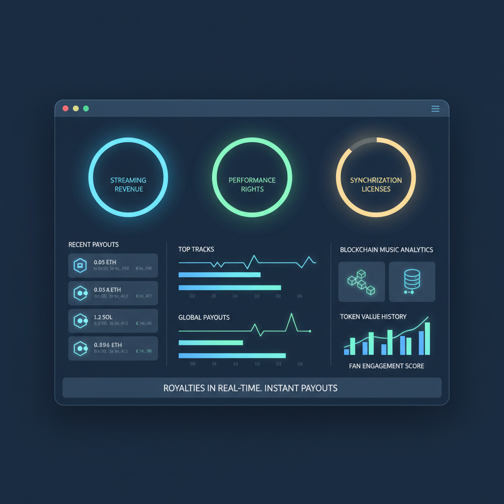 real-time royalty dashboard glowing with charts, payouts flowing to wallets, blockchain music analytics