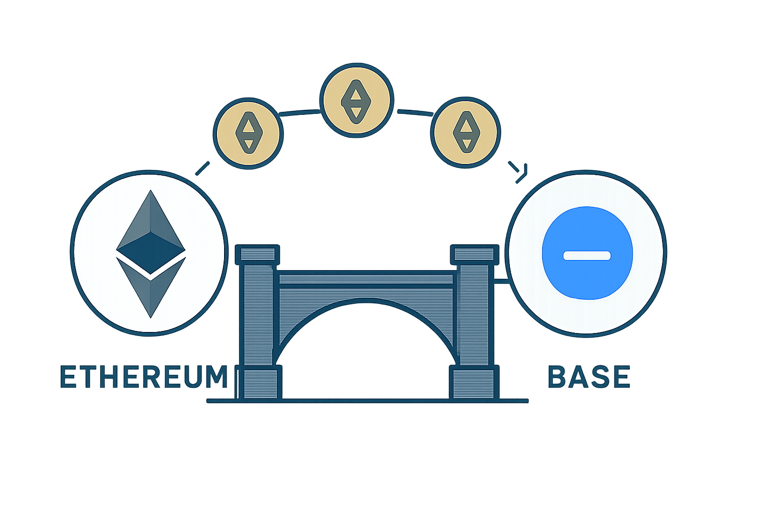 A digital bridge connecting Ethereum and Base logos, with coins moving across, futuristic blockchain style, clear step-by-step arrows